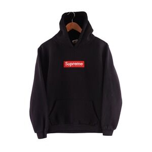 Supreme Box Logo Hoodie Black Red Embroidered Sweatshirt Kids XXL‎ Fits Small